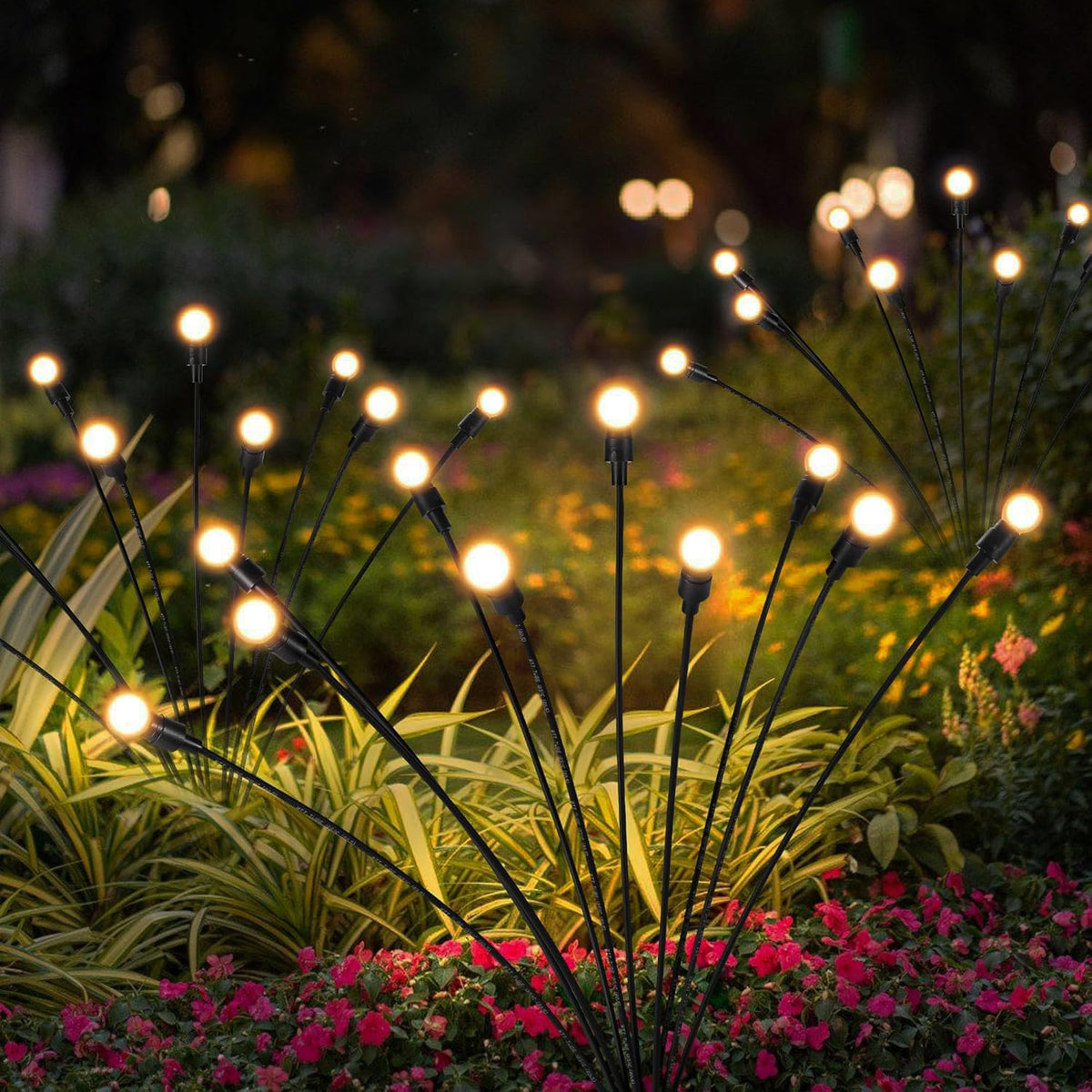 OBSYDIUM Solar Garden Lights Outdoor, Firefly Starburst Swaying LED, IP65 Waterproof, Auto On/Off, Warm White Home Balcony Plant Pot Lights for Terrace Pots Decoration (2, Medium)