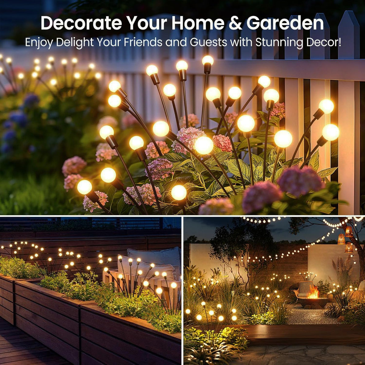 OBSYDIUM Solar Garden Lights Outdoor, Firefly Starburst Swaying LED, IP65 Waterproof, Auto On/Off, Warm White Home Balcony Plant Pot Lights for Terrace Pots Decoration (2, Medium)