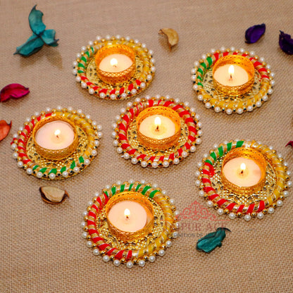 Jaipur Ace Diwali Decorative Tealight | Handmade Shell Conch Tealight Set | Diwali Decoration Set (Pack of 6) (Design 9)