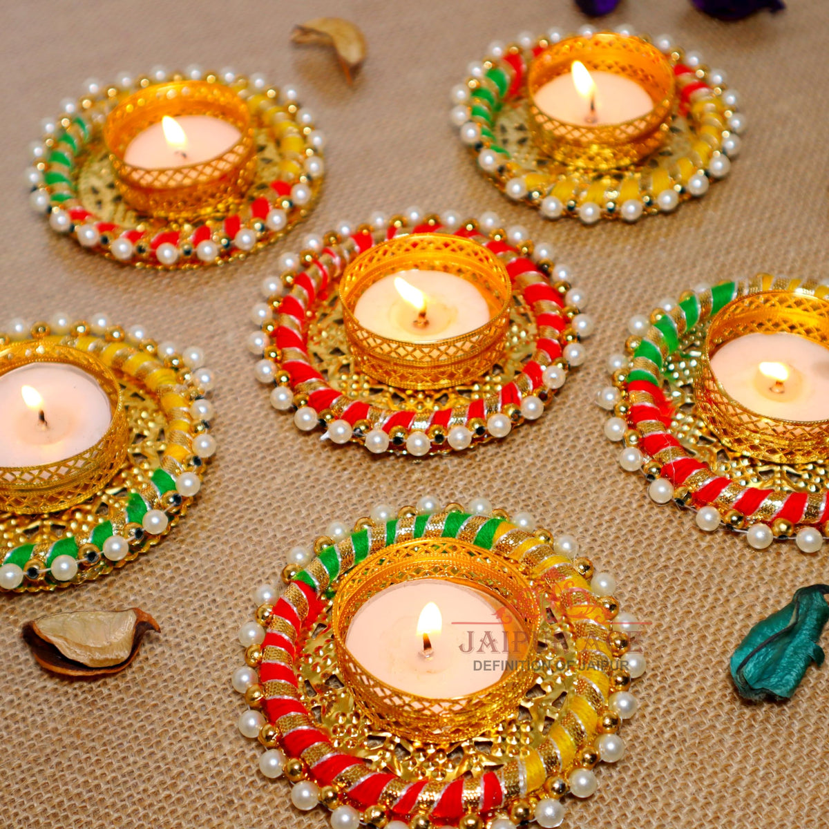 Jaipur Ace Diwali Decorative Tealight | Handmade Shell Conch Tealight Set | Diwali Decoration Set (Pack of 6) (Design 9)