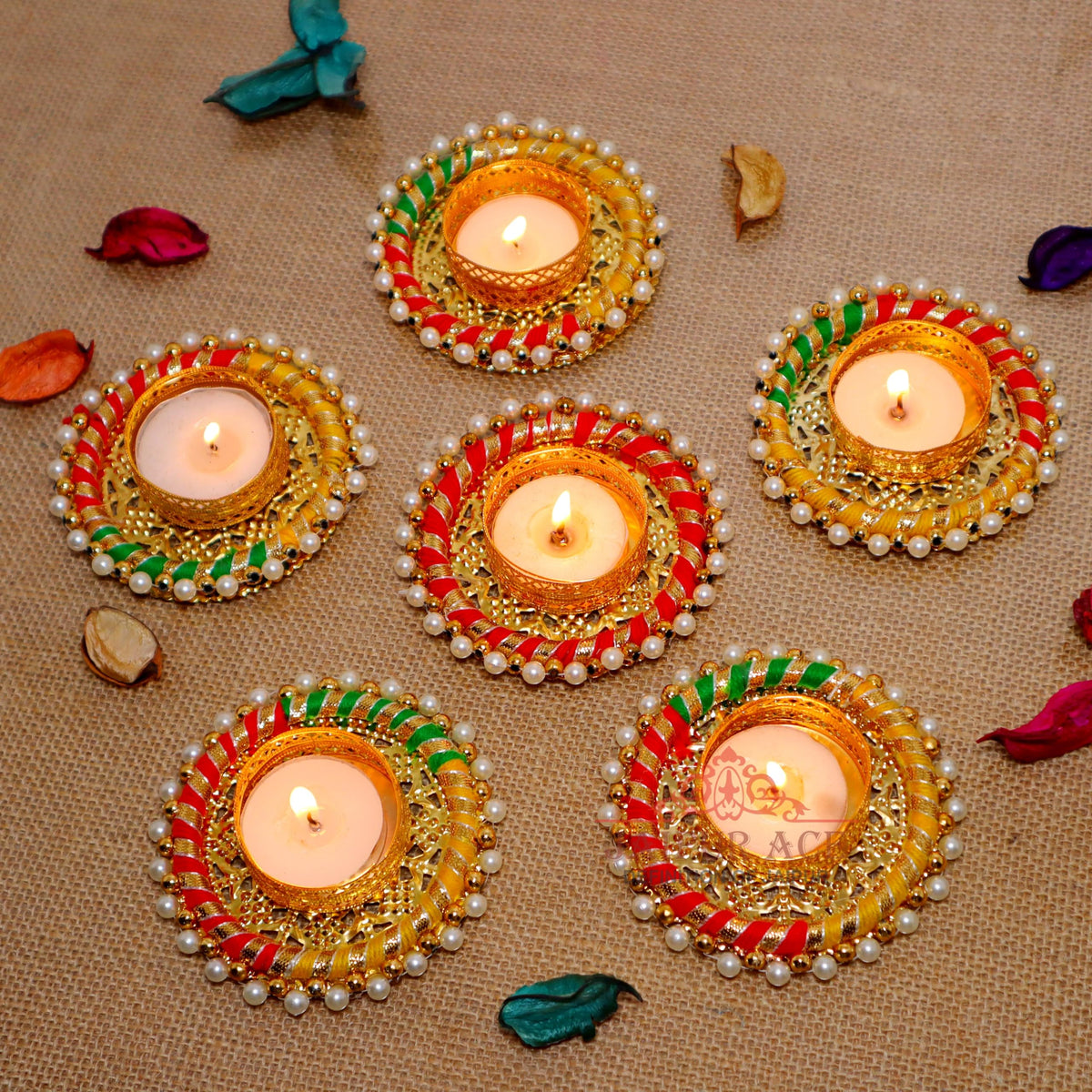 Jaipur Ace Diwali Decorative Tealight | Handmade Shell Conch Tealight Set | Diwali Decoration Set (Pack of 6) (Design 9)