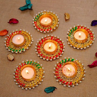 Jaipur Ace Diwali Decorative Tealight | Handmade Shell Conch Tealight Set | Diwali Decoration Set (Pack of 6) (Design 9)